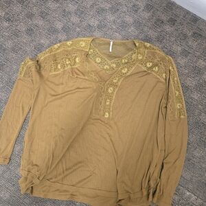 Free People Lola crochet lace v-neck long sleeve top in mustard gold Size Small